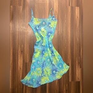 Blue & Lime Green Floral Slip Dress Swimsuit Cover